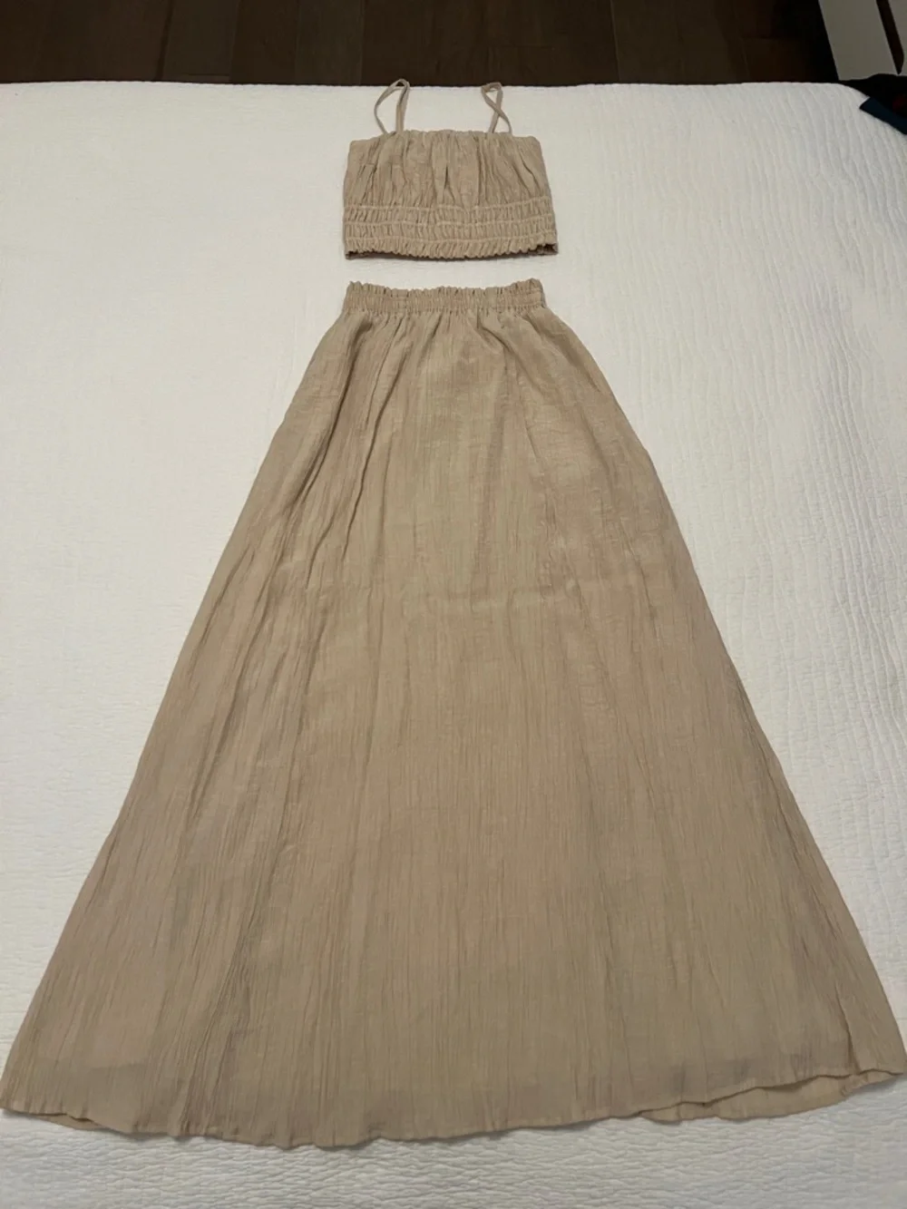 Women's Beige Gauze Two Piece - Crop Top & Maxi Skirt